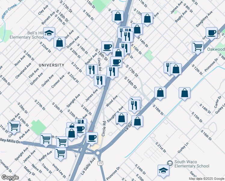map of restaurants, bars, coffee shops, grocery stores, and more near 2003 Wood Avenue in Waco
