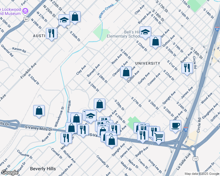 map of restaurants, bars, coffee shops, grocery stores, and more near 2807 Flint Avenue in Waco