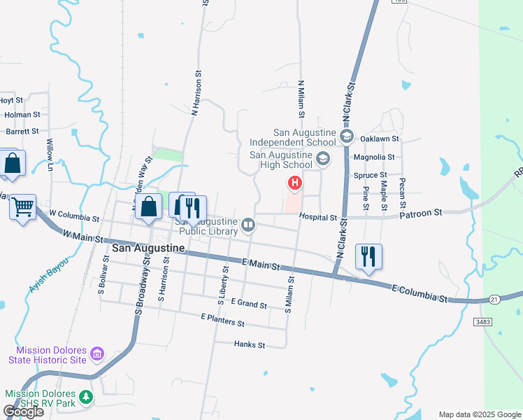 map of restaurants, bars, coffee shops, grocery stores, and more near 501 Hospital Street in San Augustine