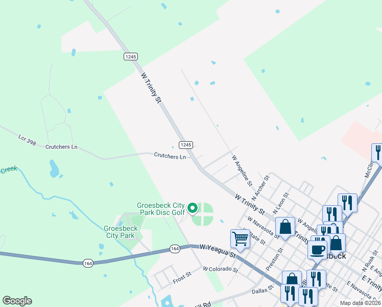 map of restaurants, bars, coffee shops, grocery stores, and more near 203 Bluebonnet Street in Groesbeck