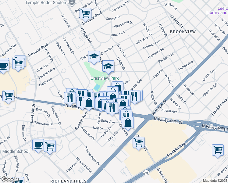 map of restaurants, bars, coffee shops, grocery stores, and more near 800 North New Road in Waco