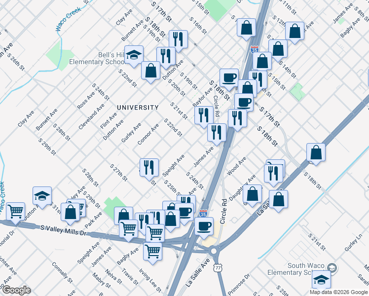 map of restaurants, bars, coffee shops, grocery stores, and more near 2224 Speight Avenue in Waco