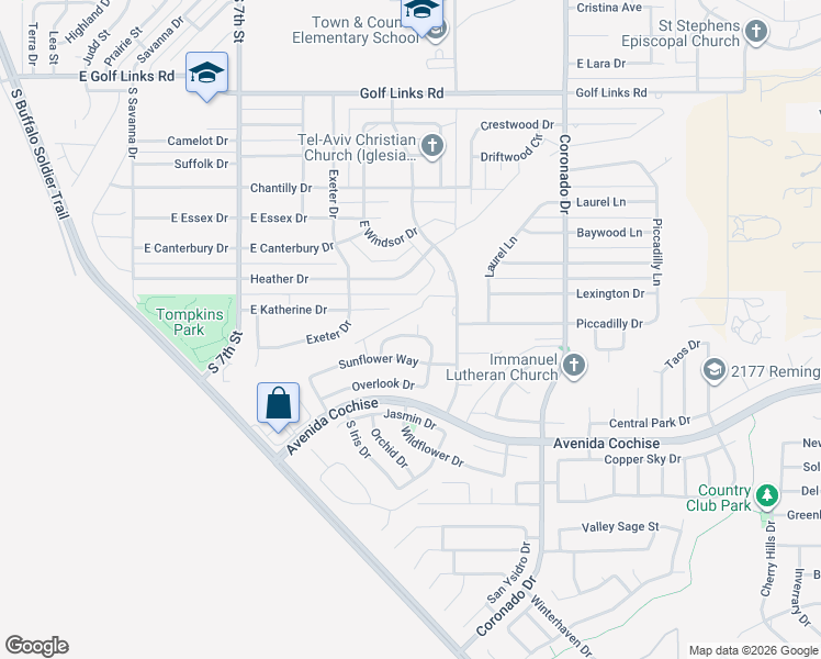map of restaurants, bars, coffee shops, grocery stores, and more near 2068 Skyline Court in Sierra Vista