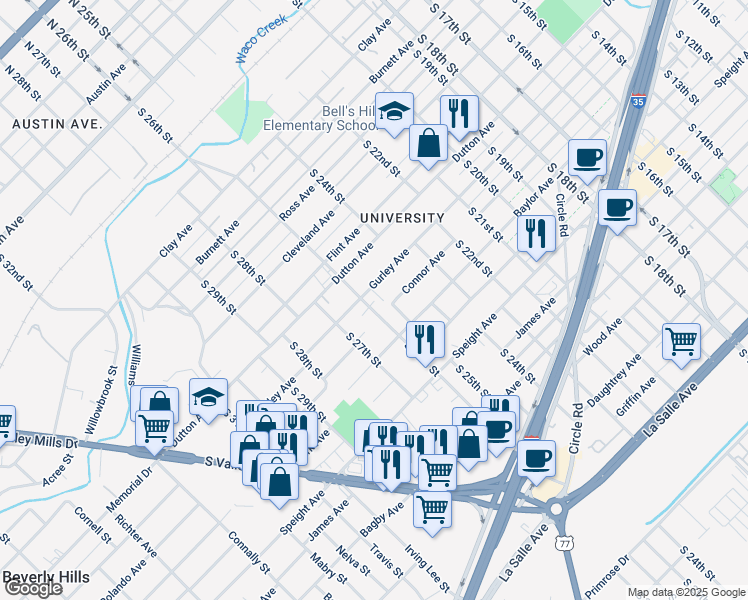 map of restaurants, bars, coffee shops, grocery stores, and more near 1208 S 26th St in Waco