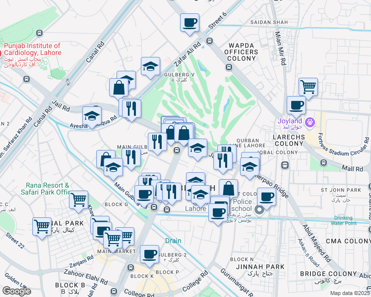 map of restaurants, bars, coffee shops, grocery stores, and more near Main Boulevard Gulberg in Lahore
