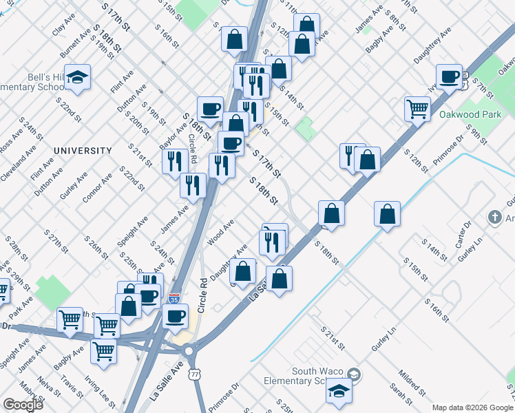 map of restaurants, bars, coffee shops, grocery stores, and more near 1905 South 19th Street in Waco