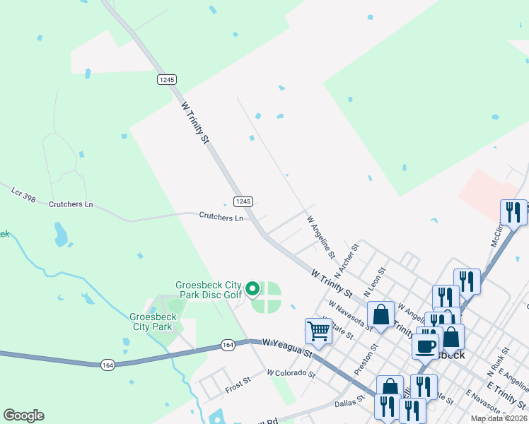 map of restaurants, bars, coffee shops, grocery stores, and more near 203 Bluebonnet Street in Groesbeck