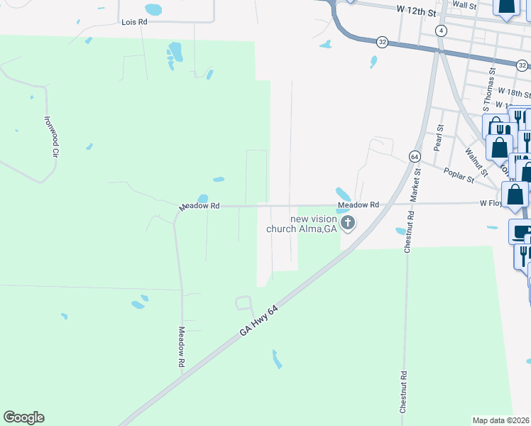 map of restaurants, bars, coffee shops, grocery stores, and more near 101 Brite Blue Drive in Alma