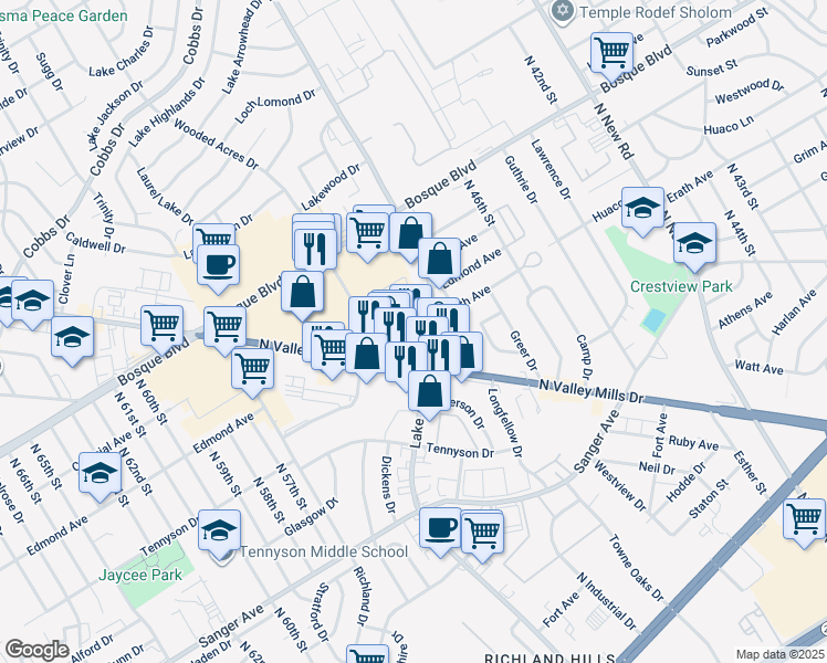 map of restaurants, bars, coffee shops, grocery stores, and more near 1120 Lake Air Drive in Waco