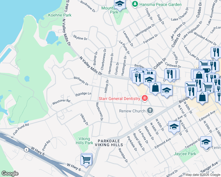 map of restaurants, bars, coffee shops, grocery stores, and more near 1837 Hilltop Drive in Waco
