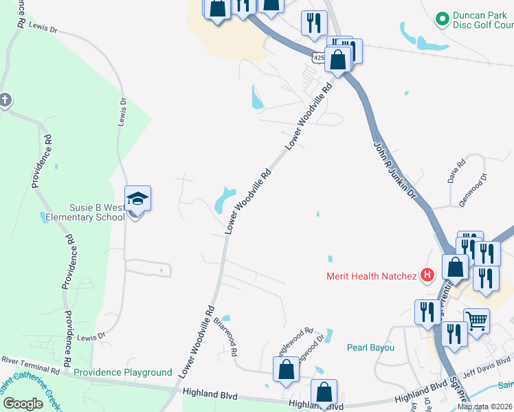map of restaurants, bars, coffee shops, grocery stores, and more near 165-183 Lower Woodville Road in Natchez