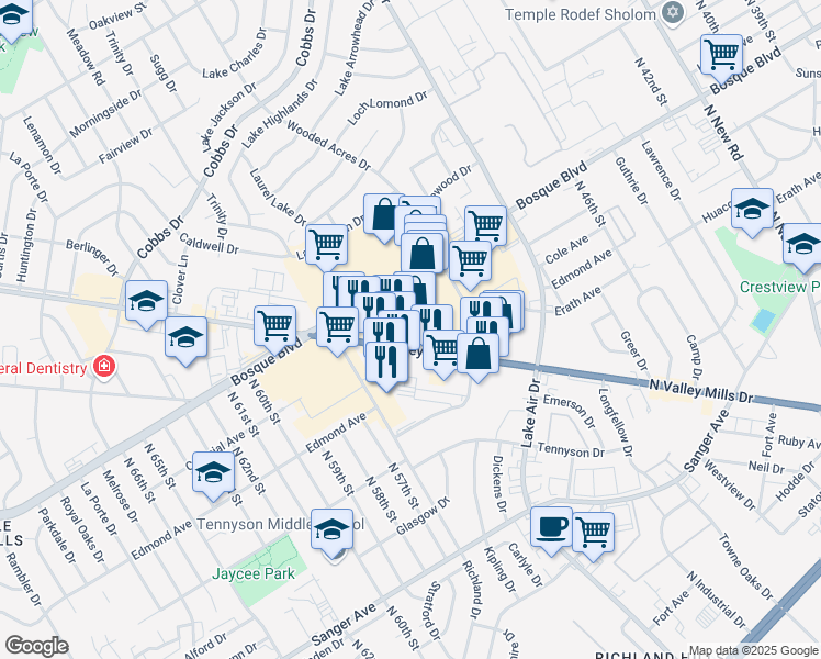 map of restaurants, bars, coffee shops, grocery stores, and more near in Waco