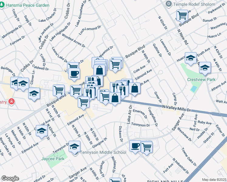 map of restaurants, bars, coffee shops, grocery stores, and more near in Waco