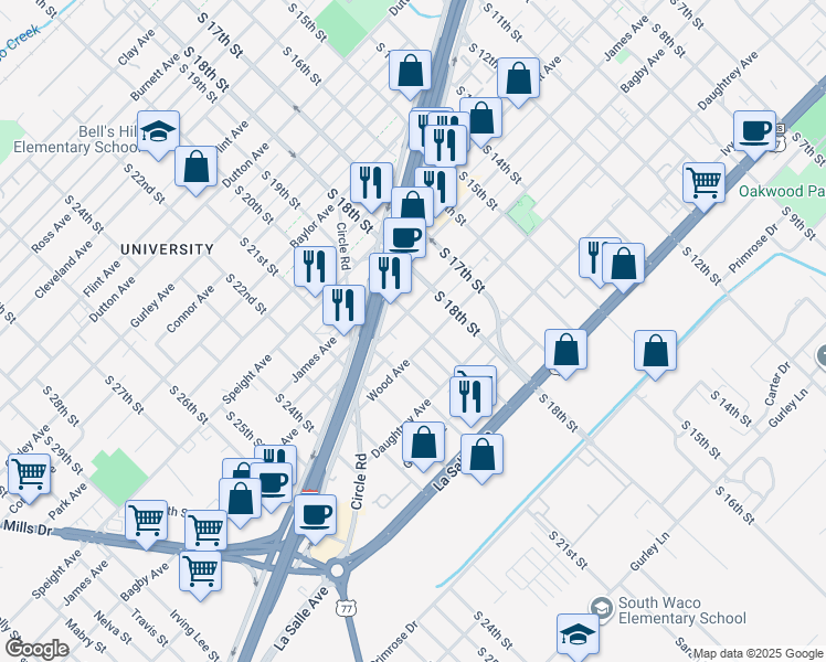 map of restaurants, bars, coffee shops, grocery stores, and more near 2003 Wood Avenue in Waco