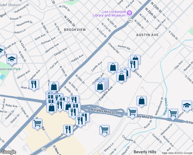 map of restaurants, bars, coffee shops, grocery stores, and more near 3603 Chateau Avenue in Waco