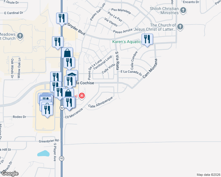 map of restaurants, bars, coffee shops, grocery stores, and more near 4680 Calle Las Cruces in Sierra Vista