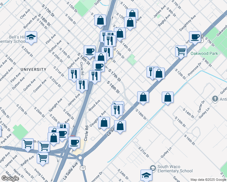 map of restaurants, bars, coffee shops, grocery stores, and more near 1905 South 19th Street in Waco