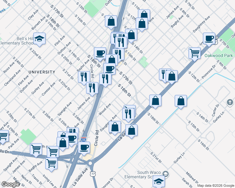 map of restaurants, bars, coffee shops, grocery stores, and more near 1905 South 19th Street in Waco