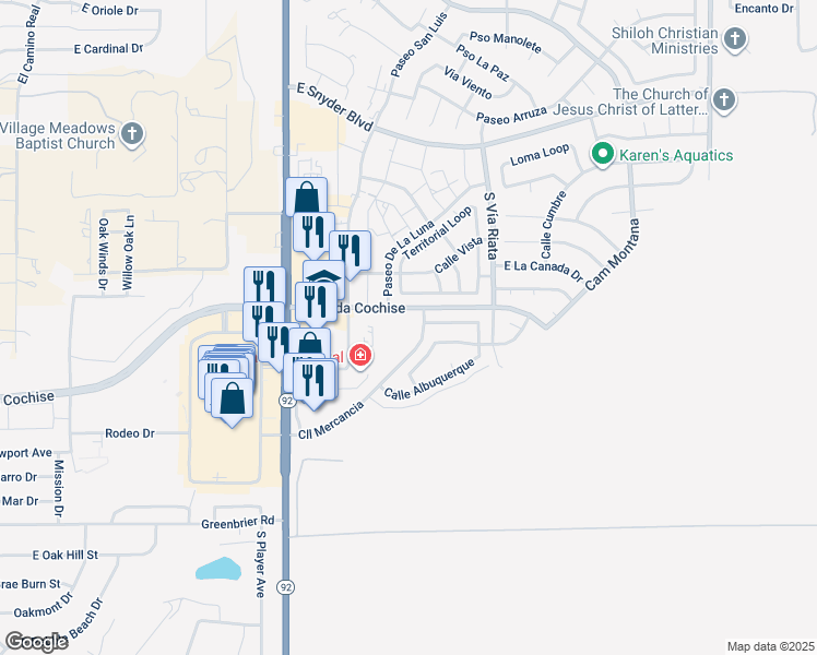map of restaurants, bars, coffee shops, grocery stores, and more near 4400 Avenida Cochise in Sierra Vista