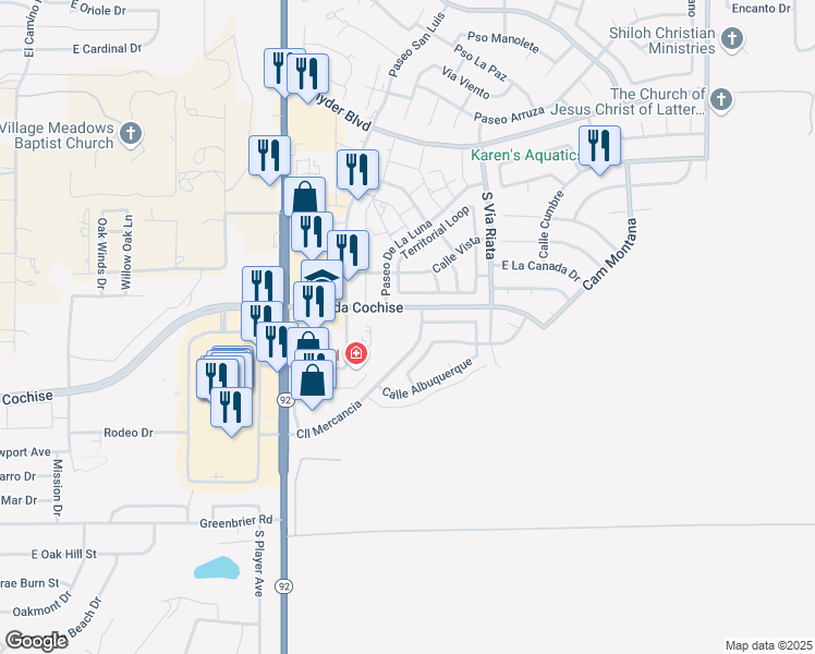 map of restaurants, bars, coffee shops, grocery stores, and more near 4400 Avenida Cochise in Sierra Vista