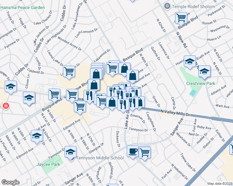 map of restaurants, bars, coffee shops, grocery stores, and more near 1115 North Valley Mills Drive in Waco