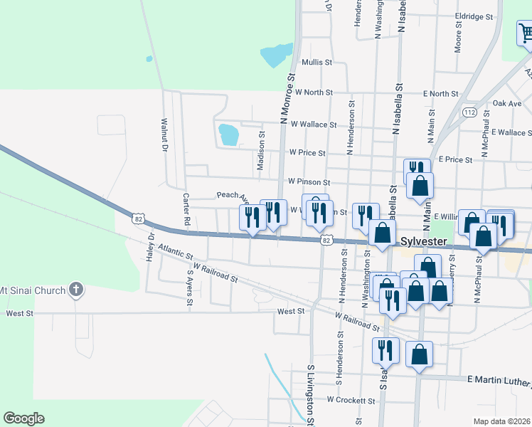 map of restaurants, bars, coffee shops, grocery stores, and more near 603 West Willingham Street in Sylvester