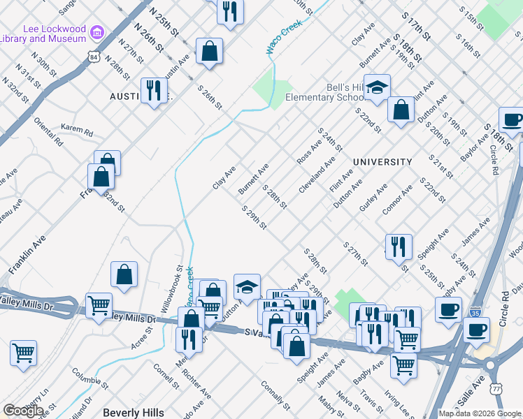 map of restaurants, bars, coffee shops, grocery stores, and more near 2825 Cleveland Avenue in Waco