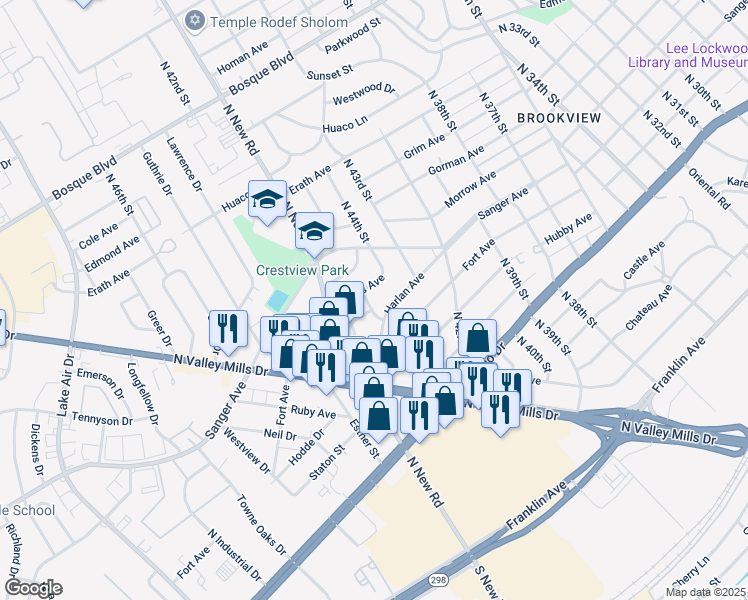 map of restaurants, bars, coffee shops, grocery stores, and more near 733 North 45th Street in Waco