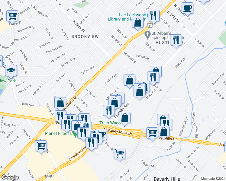map of restaurants, bars, coffee shops, grocery stores, and more near 3525 Chateau Avenue in Waco