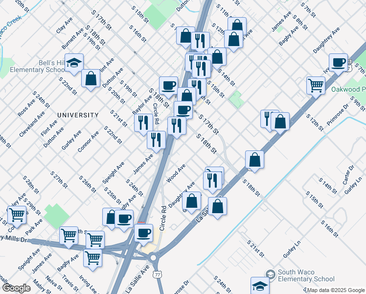 map of restaurants, bars, coffee shops, grocery stores, and more near 1720 South 19th Street in Waco