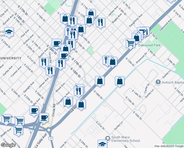 map of restaurants, bars, coffee shops, grocery stores, and more near 2012 South 17th Street in Waco