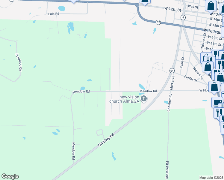 map of restaurants, bars, coffee shops, grocery stores, and more near 108 Tif Blue Drive in Alma