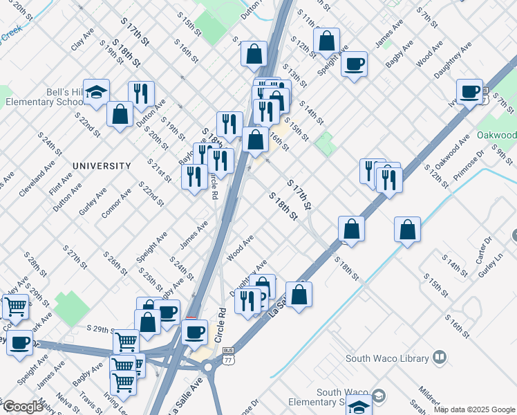 map of restaurants, bars, coffee shops, grocery stores, and more near 1720 South 19th Street in Waco