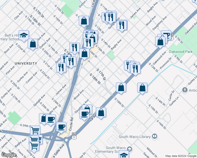 map of restaurants, bars, coffee shops, grocery stores, and more near 1906 South 18th Street in Waco
