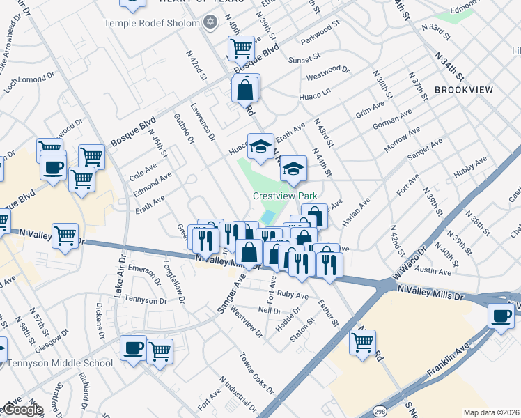 map of restaurants, bars, coffee shops, grocery stores, and more near 4725 Sanger Avenue in Waco