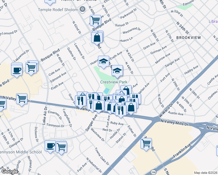 map of restaurants, bars, coffee shops, grocery stores, and more near 4725 Sanger Avenue in Waco