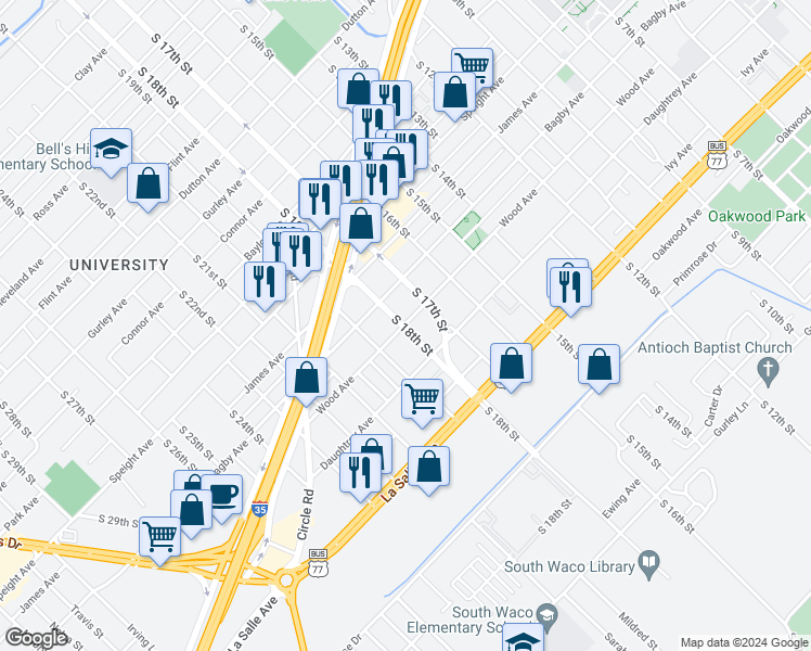 map of restaurants, bars, coffee shops, grocery stores, and more near 1900 South 18th Street in Waco