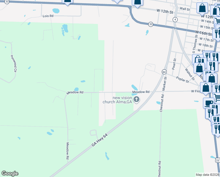 map of restaurants, bars, coffee shops, grocery stores, and more near 108 Tif Blue Drive in Alma