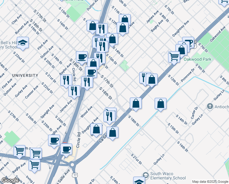 map of restaurants, bars, coffee shops, grocery stores, and more near 1903 South 17th Street in Waco
