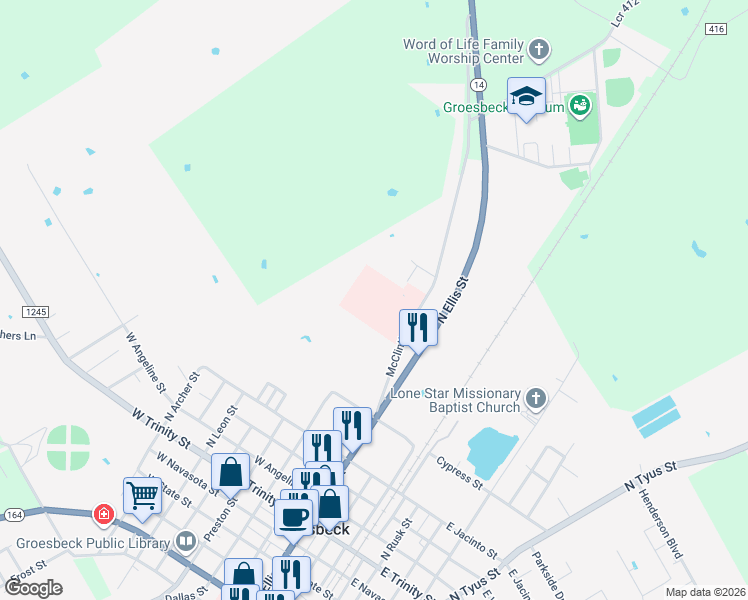 map of restaurants, bars, coffee shops, grocery stores, and more near 701 McClintic Drive in Groesbeck