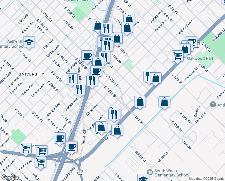 map of restaurants, bars, coffee shops, grocery stores, and more near 1902 South 18th Street in Waco