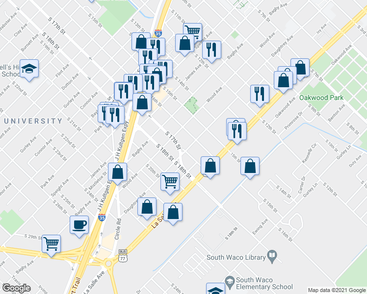 map of restaurants, bars, coffee shops, grocery stores, and more near 1922 South 17th Street in Waco