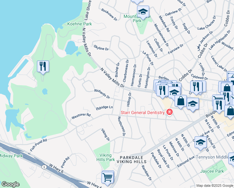 map of restaurants, bars, coffee shops, grocery stores, and more near 2504 Hilltop Drive in Waco