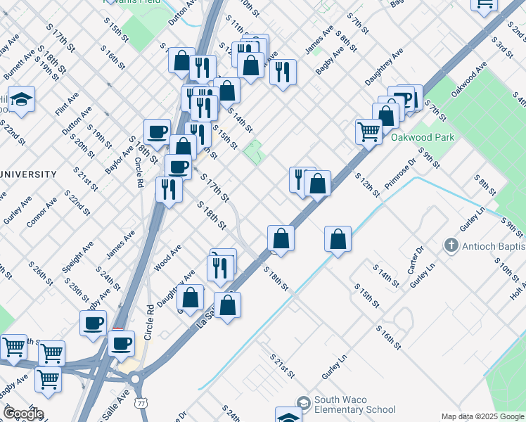 map of restaurants, bars, coffee shops, grocery stores, and more near 2024 South 16th Street in Waco