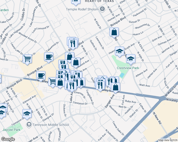 map of restaurants, bars, coffee shops, grocery stores, and more near 809 Greer Drive in Waco