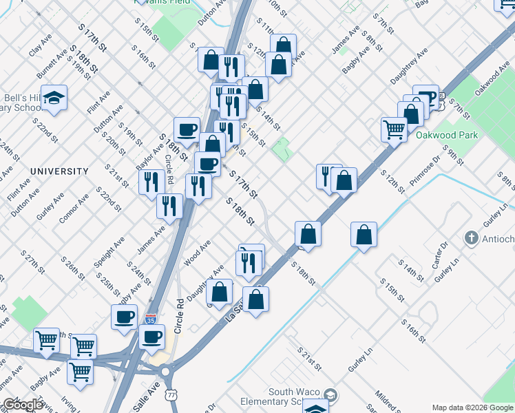 map of restaurants, bars, coffee shops, grocery stores, and more near 1903 South 17th Street in Waco