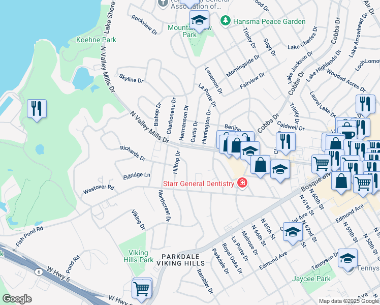map of restaurants, bars, coffee shops, grocery stores, and more near 2250-2298 North Valley Mills Drive in Waco