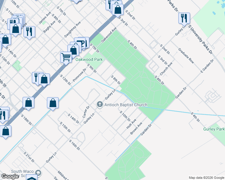 map of restaurants, bars, coffee shops, grocery stores, and more near 904 Ewing Avenue in Waco