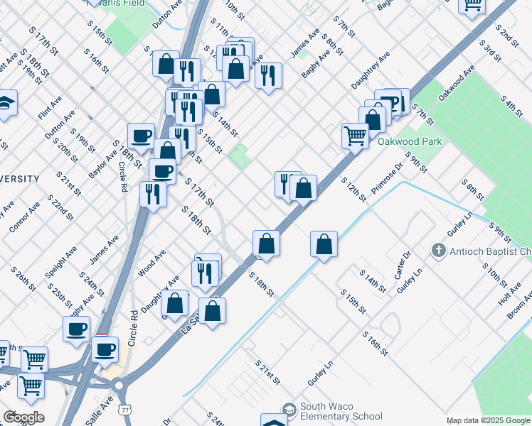 map of restaurants, bars, coffee shops, grocery stores, and more near 2024 South 16th Street in Waco