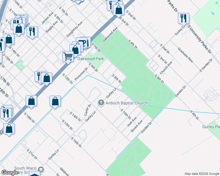 map of restaurants, bars, coffee shops, grocery stores, and more near 904 Ewing Ave in Waco